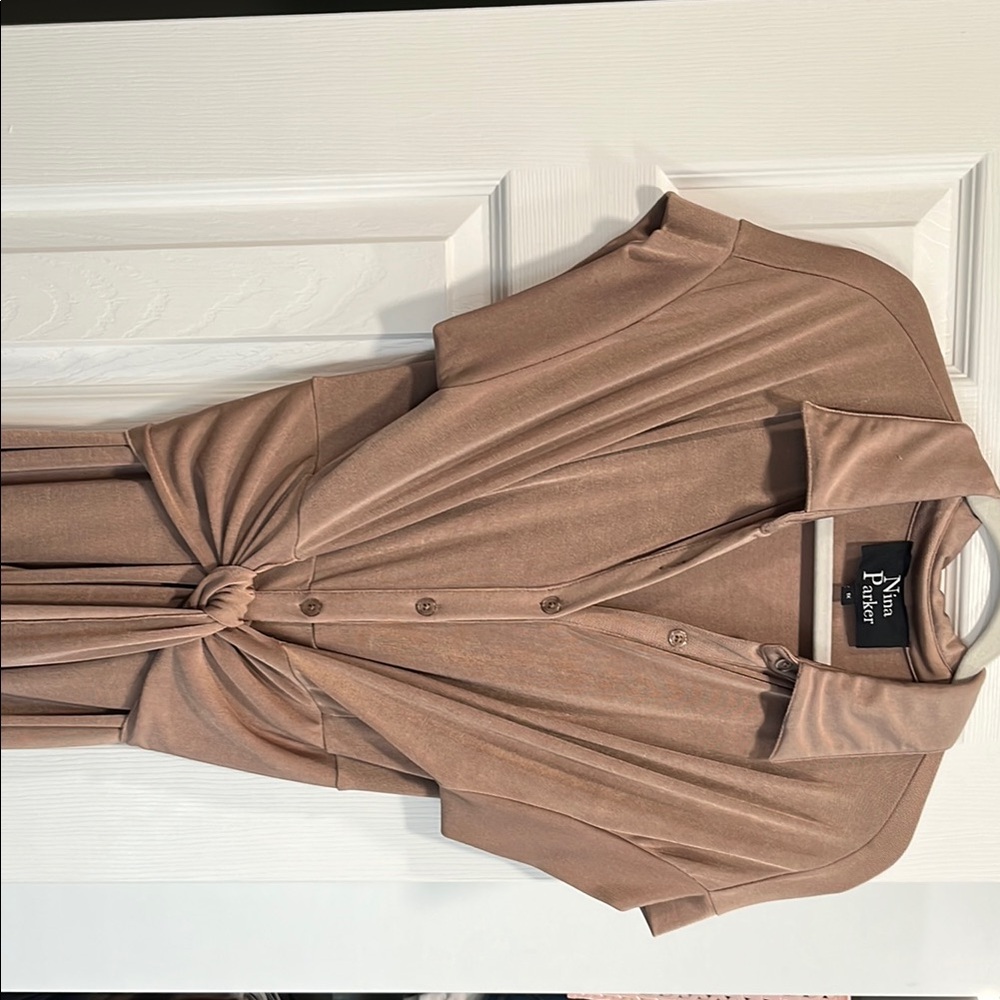 Brown Button-Up Dress with Knot Detail